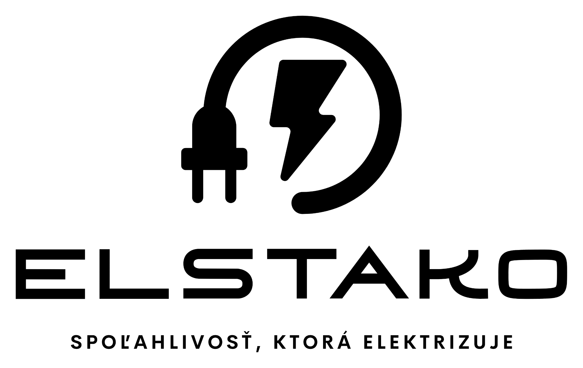 Modré logo s ikonou nabíjania a textom Elstáko, slogan „Spolahlivosť, ktorá elektrizuje“.
